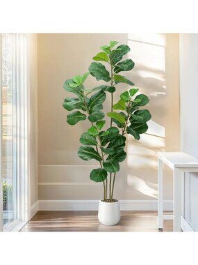 5ft Faux Fiddle Leaf Fig Tree with White Planter | Realistic Fake Plant in Pot